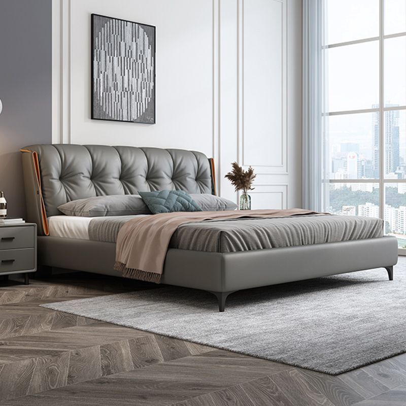 Contemporary Grey Standard Bed with Upholstered Headboard in Solid Wood