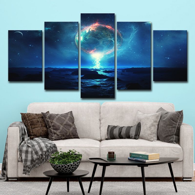 Blue Fictional Canvas Wall Art Earth and Starry Night Sky Wall Decor for Bedroom