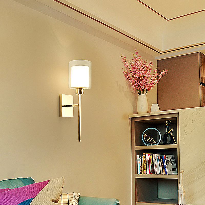 1-Light Modernism Wall Light, Torch Design with Golden/Chrome Finish, Cylinder Shaped Glass Shade