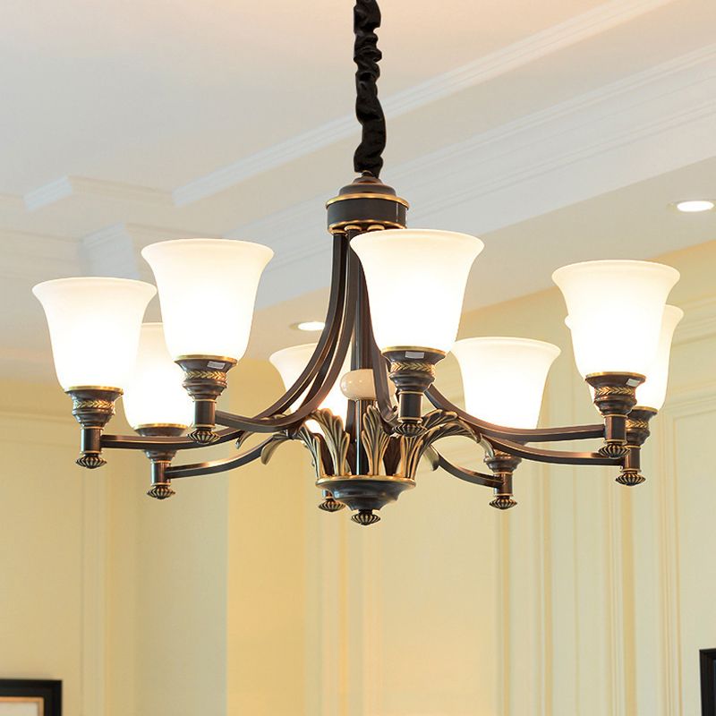 Flared Frosted Glass Suspension Light Rustic Living Room Chandelier Light in Black