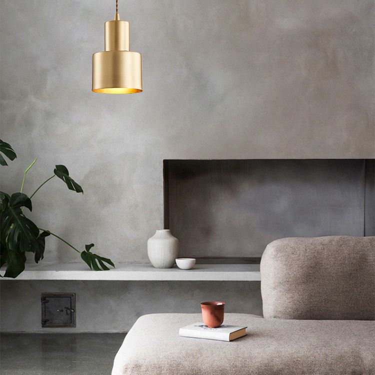 Dinning Room Down Lighting Pendant Modern Brass Hanging Lamp Kit with Cylinder Metal Shade