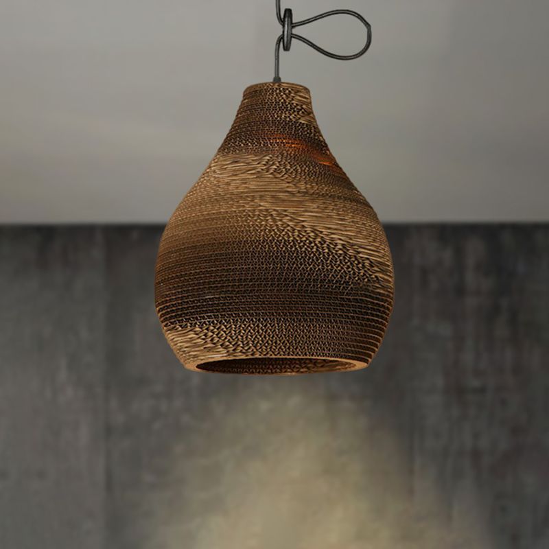 Contemporary Dome/Bowl Shade Suspension Light 1 Head Corrugated Paper Pendant Lamp in Brown