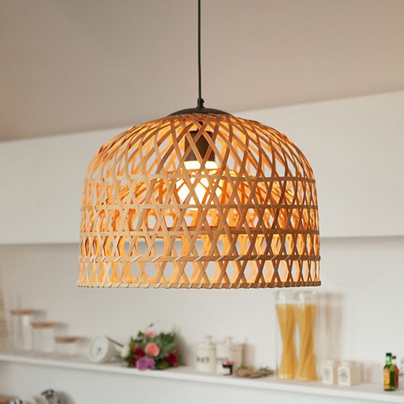 Asia 2-Layer Bowl Pendant Lighting Cross Woven Bamboo 1-Light Kitchen Ceiling Lamp in Beige