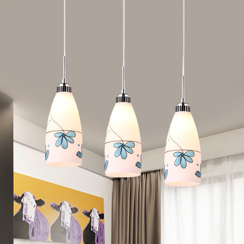 3-Bulb Cone Multiple Hanging Lamp Minimalism Black/Yellow/Blue Printing Glass Pendulum Lamp with Linear/Round Canopy