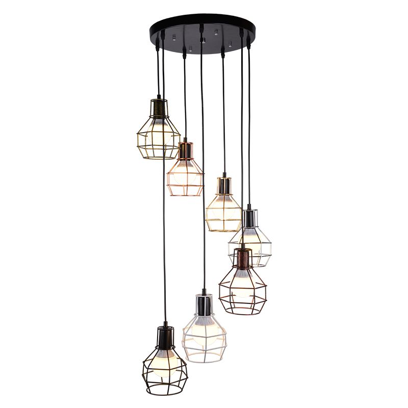 Metal Grenade Cage Suspension Light Minimalist Black Multi Light Pendant for Staircase