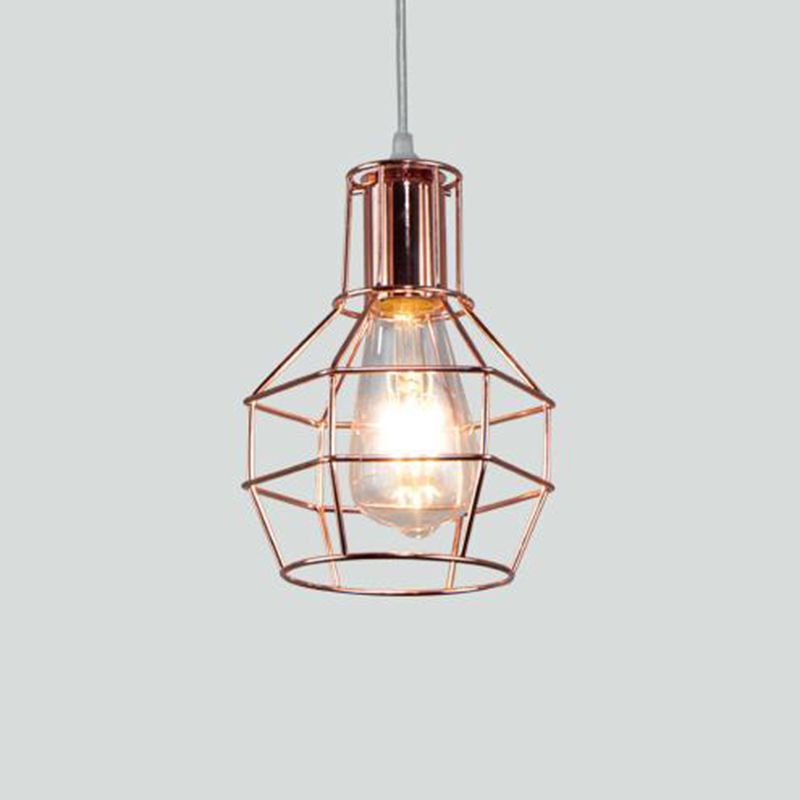 Electroplated Rose Gold Hanging Light Iron Cage Shade Industrial Style Single Bulb Lighting Fixture for Bedroom