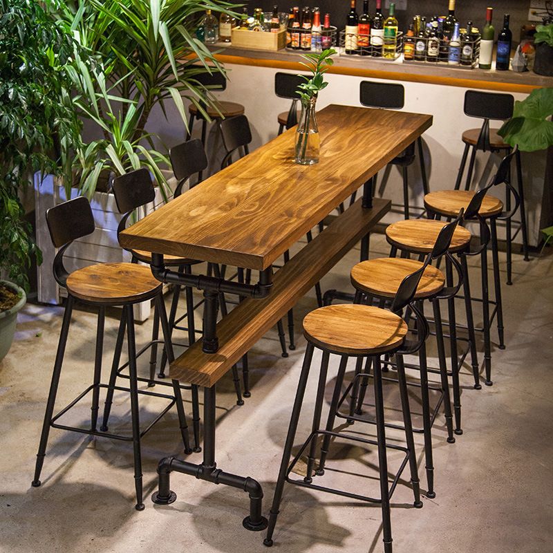 Solid Wood Bar Table Industrial Bar Dining Table with Black Base