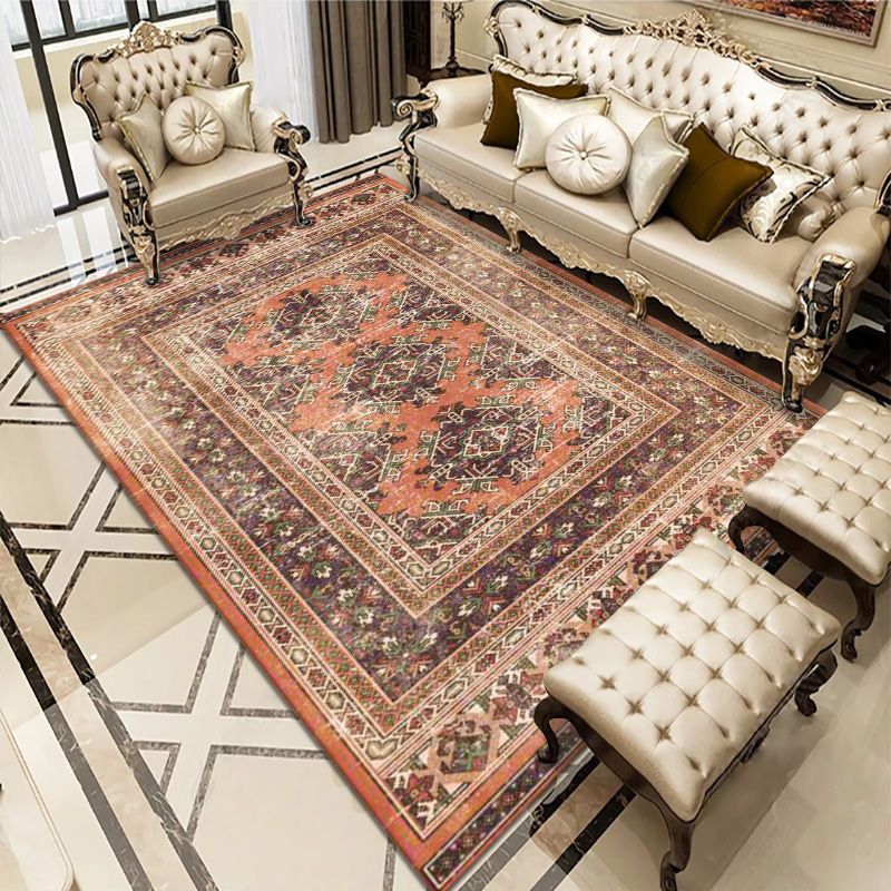Antique Washable Carpet Retro Floral Print Rug Polyester Non-Slip Backing Carpet for Living Room