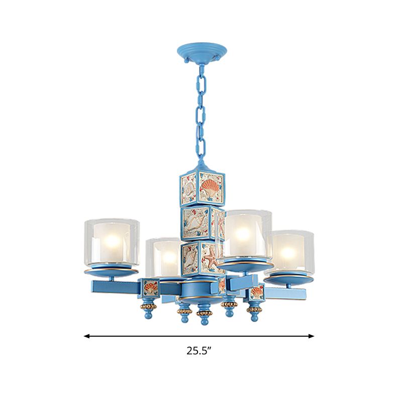 Cartoon Cylinder Pendant Lamp with Shell Deco Metal 4 Lights Blue Chandelier for Kindergarten
