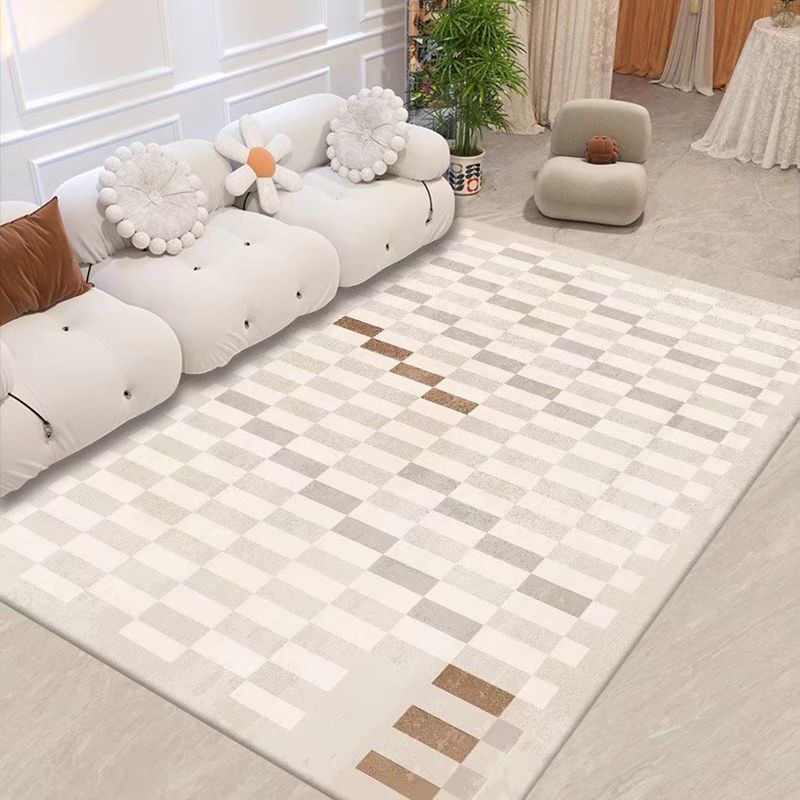 Brown Plaid Rug Polyester Simple Rug Non-Slip Backing Rug for Living Room