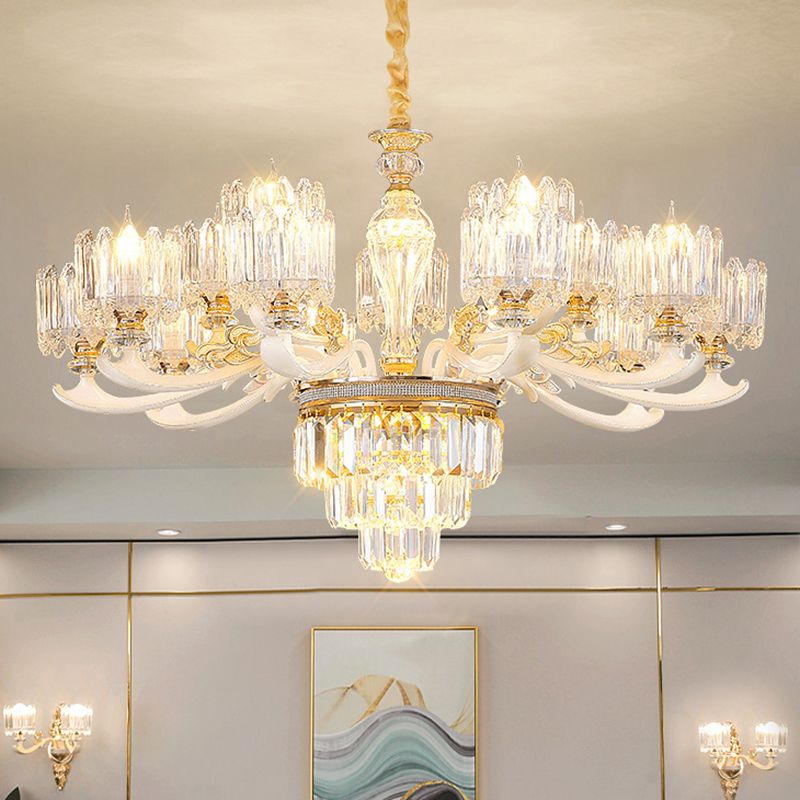 Cylindrical Shaped Living Room Chandelier Light Retro Clear Glass Gold Pendant Light with Layered Crystal Decor