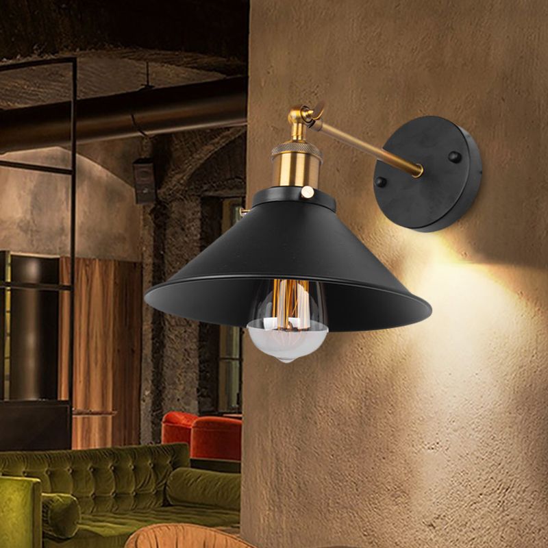 Black Finish 1 Bulb Wall Mount Industrial Metal Conical Wall Sconce Light for Restaurant