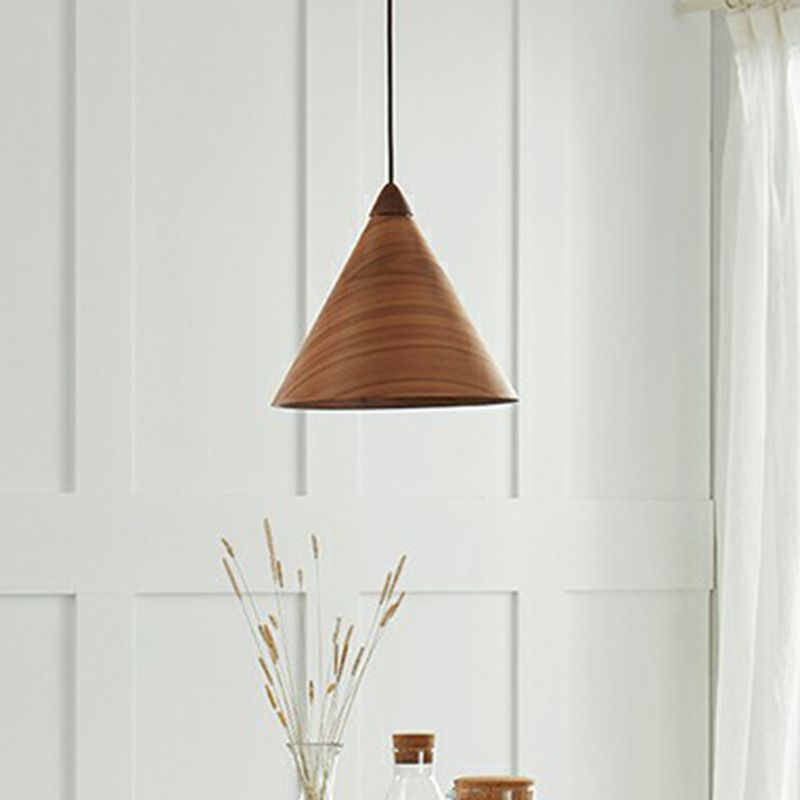Conical Dining Room Suspension Lamp Wooden 1-Head Minimalistic Hanging Pendant Light