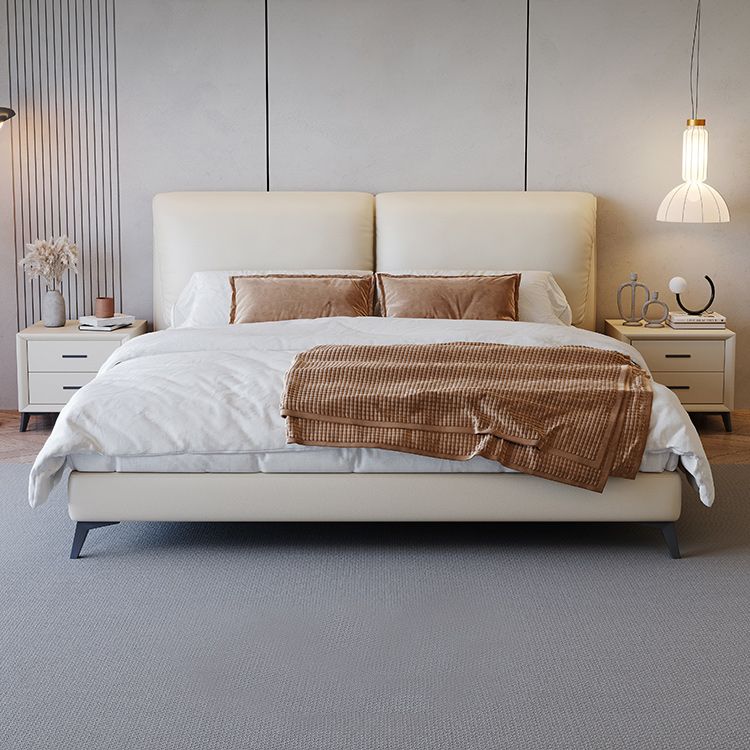 Contemporary Genuine Leather Bed Frame Beige Standard Bed with Metal Legs