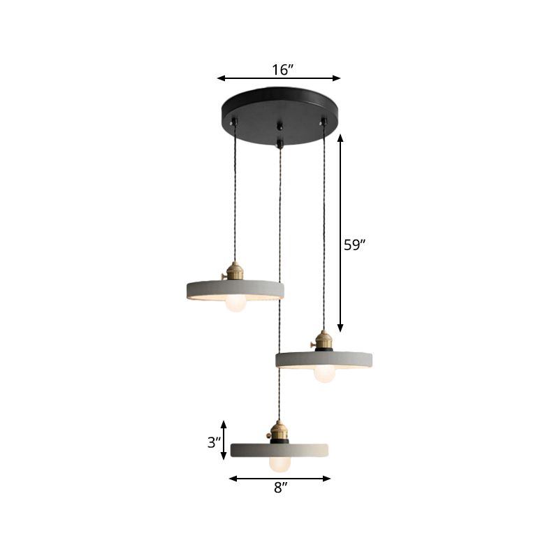 Grey 3 Heads Multi Ceiling Light Industrial Cement Cone/Bell/Drum Pendant Lamp Fixture, 3"/5"/6" H