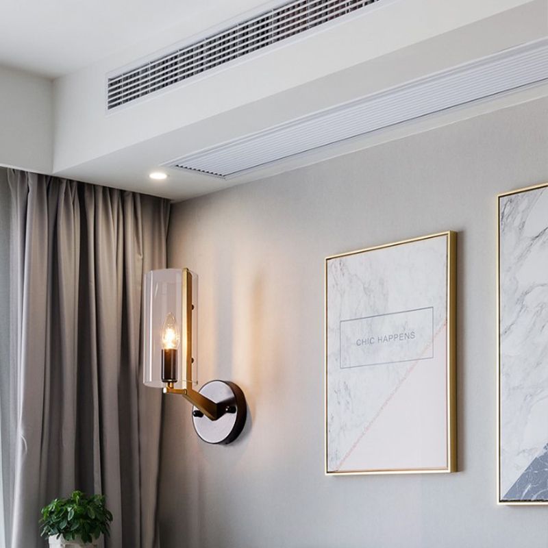Black Tube Wall Light Retro 1 Light Transparent Glass Sconce Light Fixture with Brass Arm