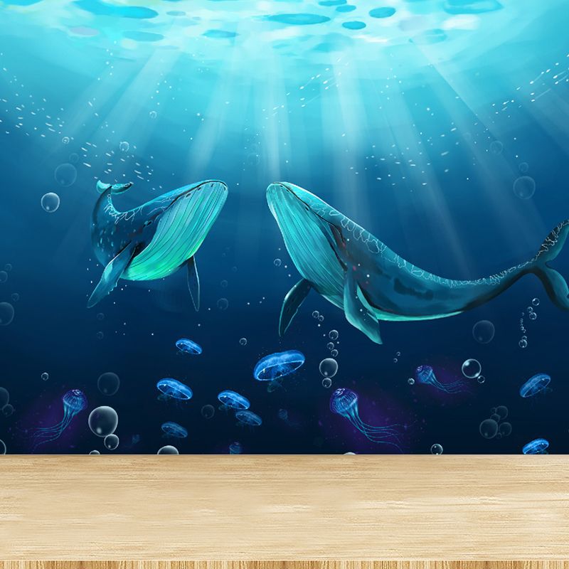 Blue Underwater Dolphins Wallpaper Mural Stain Resistant Wall Art for Kids Bedroom