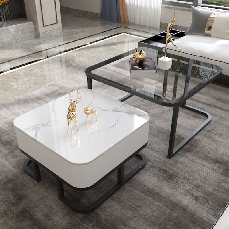 Round Slate/ Glass Coffee Table Frame 2 Nesting Cocktail Table with Storage