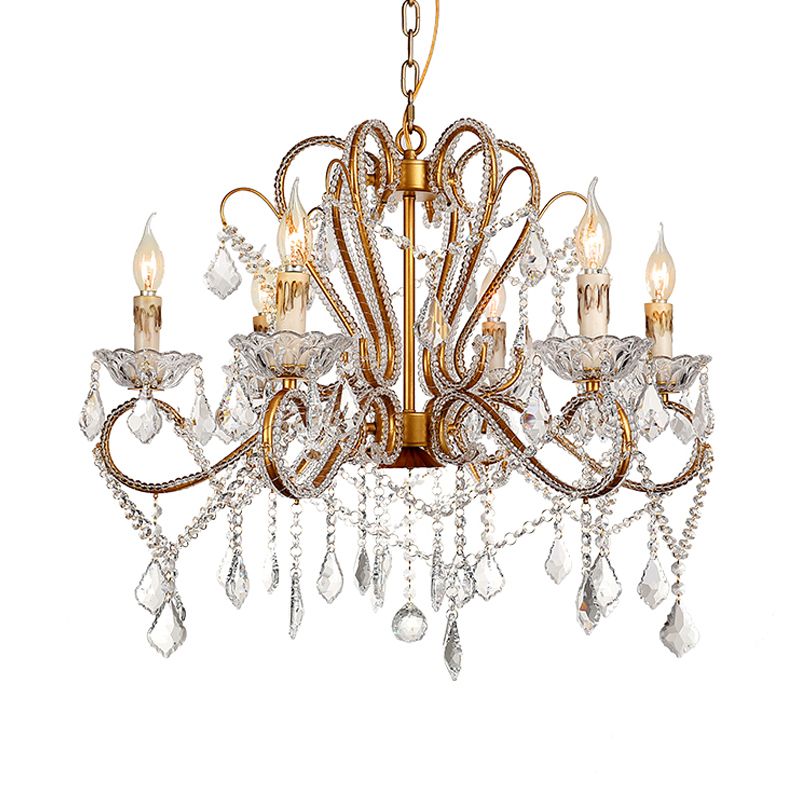 6/8 Lights Curving Chandelier Lighting Rural Style Brass Crystal Hanging Ceiling Light for Living Room