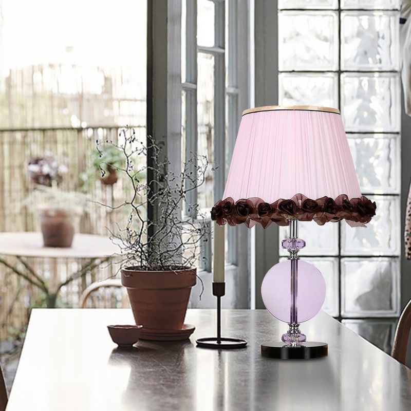 1 Light Round Night Table Lamp Simple Pink Hand-Cut Crystal Nightstand Light for Bedroom