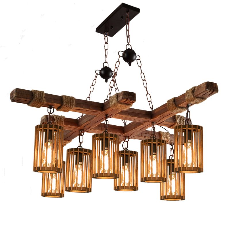 Farmhouse Cylindrical Cage Chandelier Light Wooden Hanging Lamp Kit for Dining Room