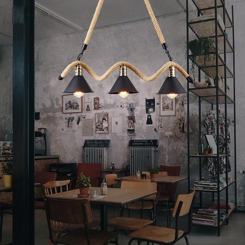 Black Conical Island Lighting Industrial Hemp Rope 3-Head Dining Room Pendant Lamp