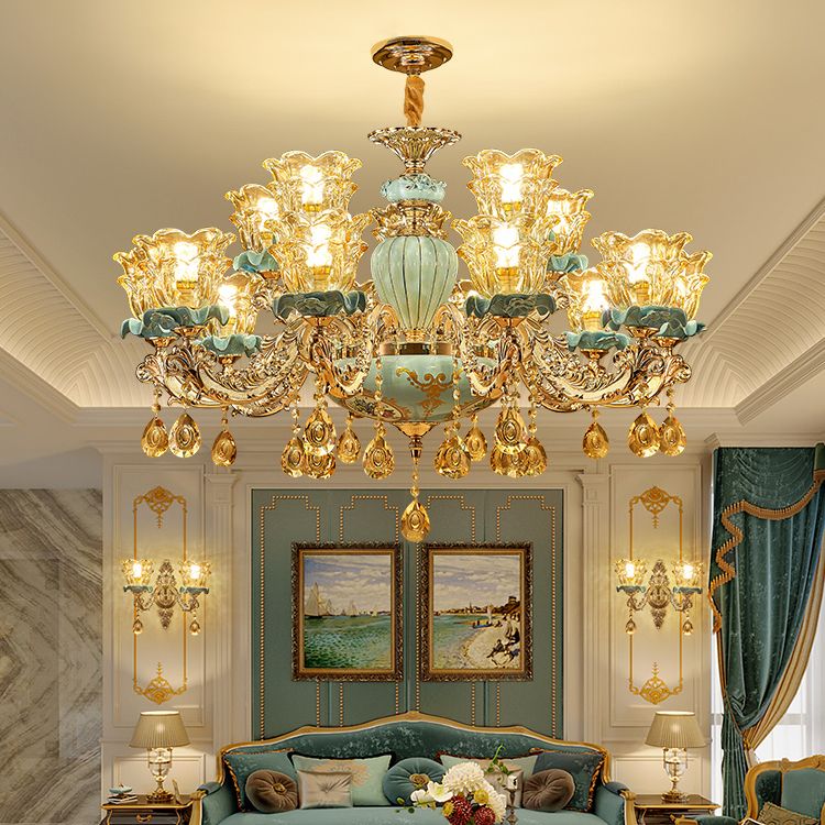 European Style Chandelier Metal Flower Shape Hanging Light with Crystal for Bedroom