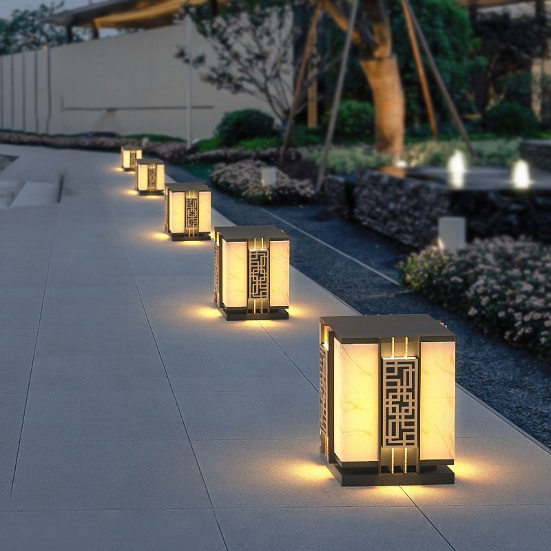 Metal Rectangle Waterproof Pillar Lamp Modern 1 Light Outdoor Light in Black