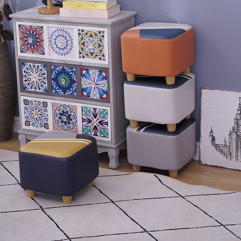 Contemporary Pouf Ottoman Fabric Upholstered Patchwork Solid Wood Frame Square Ottoman