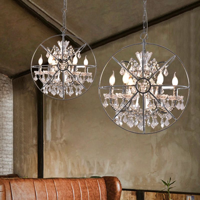 6 Lights Crystal Pendant Chandelier Classic Silver Globe Dining Room Hanging Ceiling Fixture