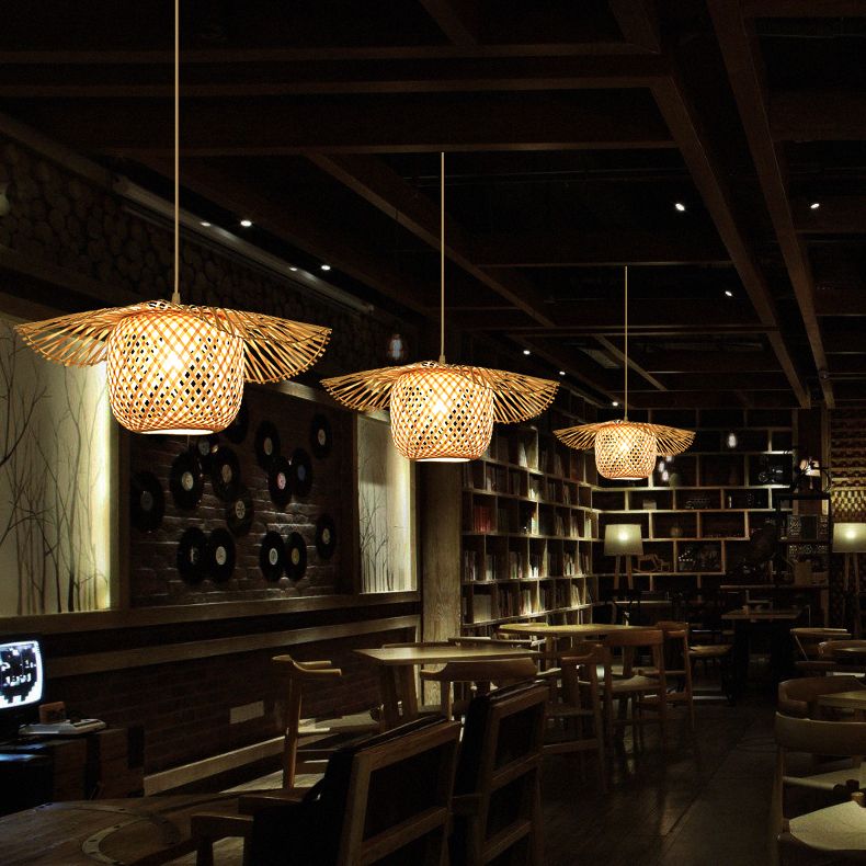 Beige Asia Pendulum Light Rattan 1-Light Hanging Ceiling Light for Dining Room