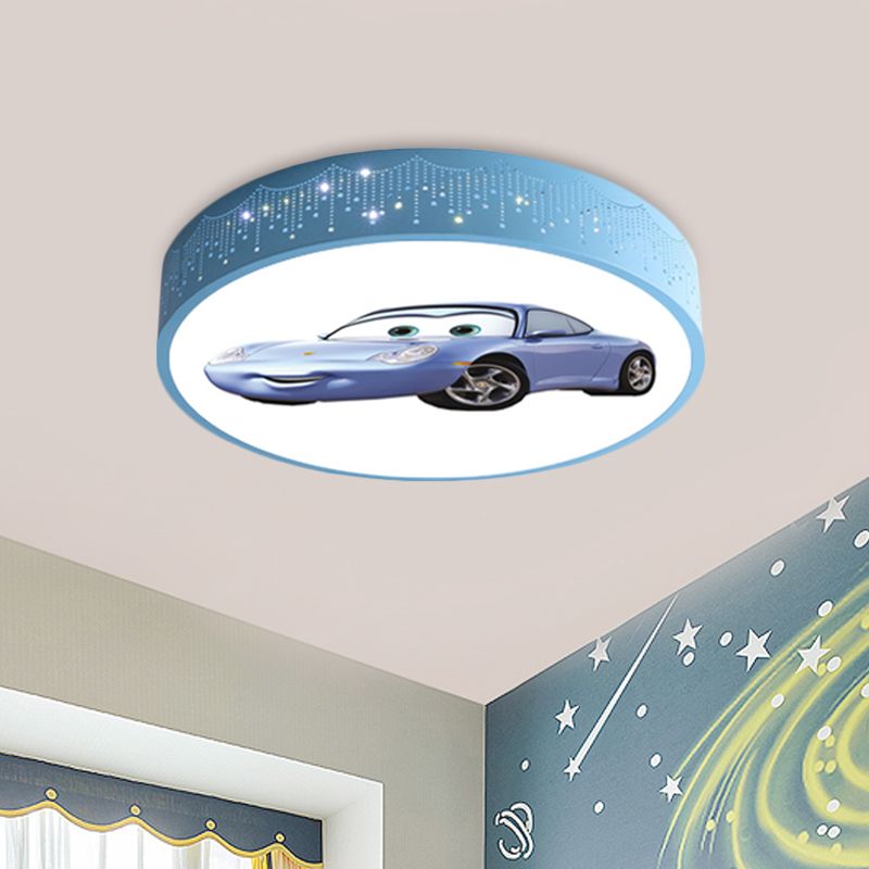 Plafonnier rond à motifs de voiture de dessin animé, éclairage encastré LED en fer pour chambre de garçon en bleu