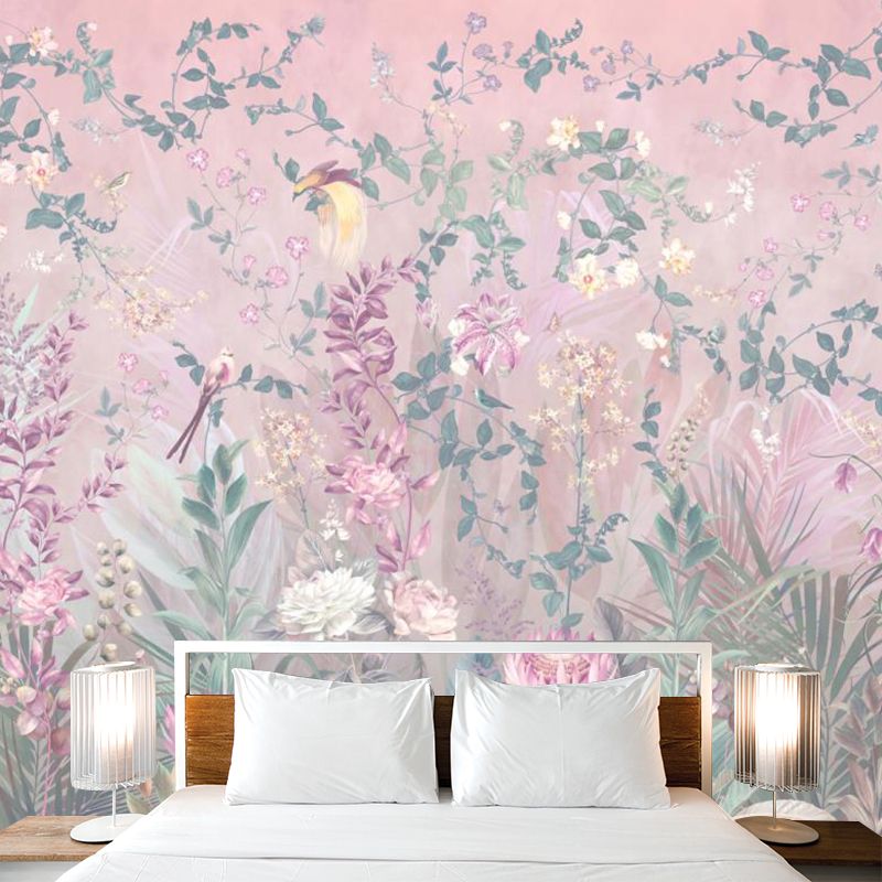 Pink Floral Printed Murals Wallpaper Stain Resistant Nostalgic Bedroom Wall Covering
