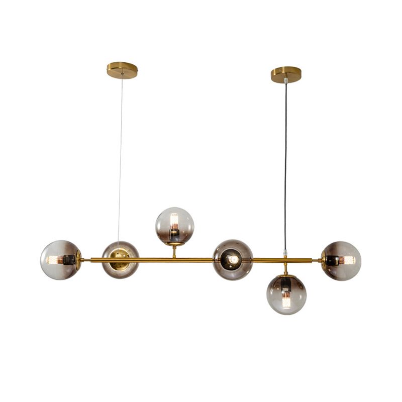 Linear 6 Light Pendant Ceiling Iron and Glass Modern Kitchen Island Light Fixture in Gold