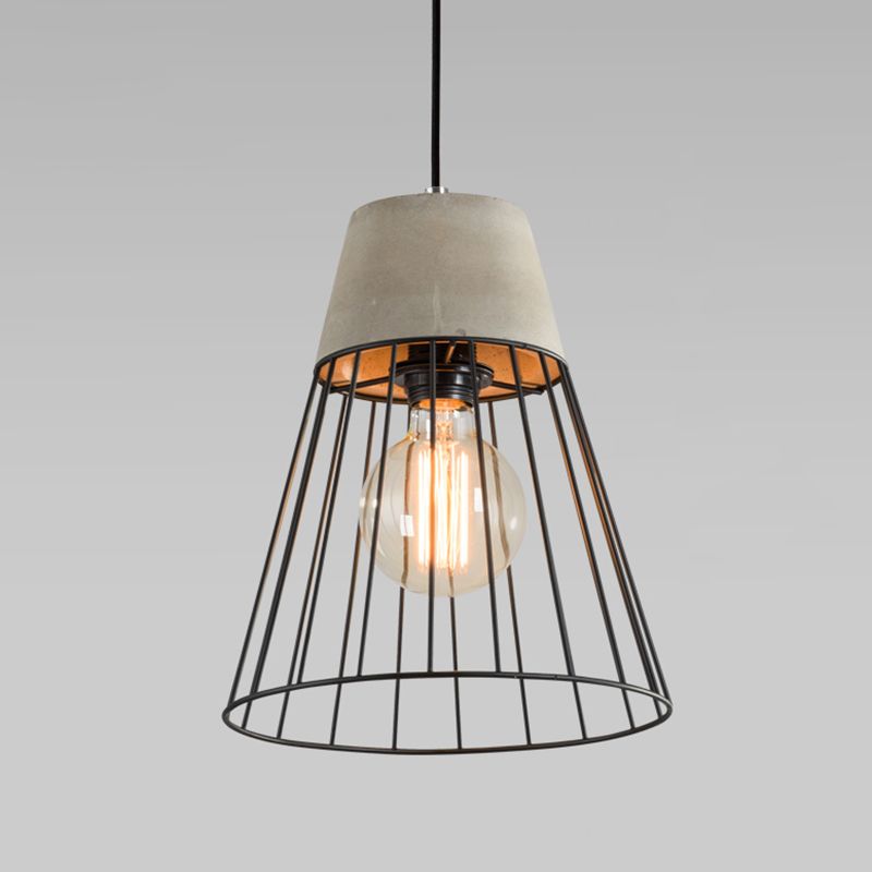 Caged Dining Room Suspension Light Metallic Single Minimalist Pendant Light with Cement Top in Grey