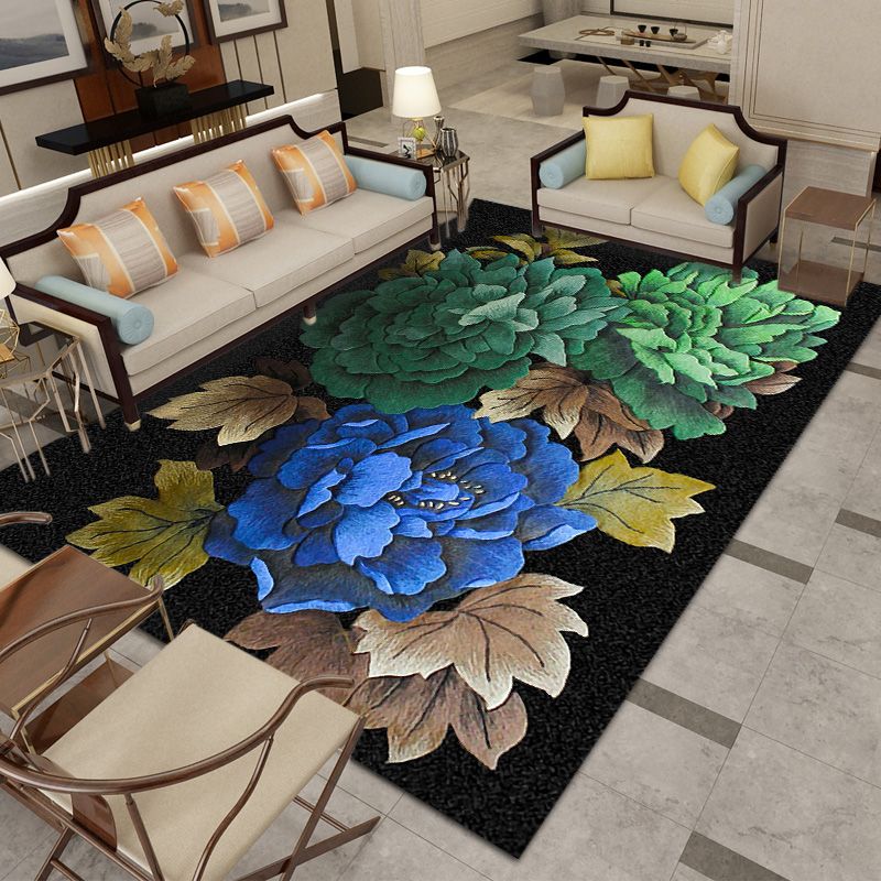 Black Oriental Area Carpet Flower Print Polyester Area Rug Stain Resistant Rug for Home Decor