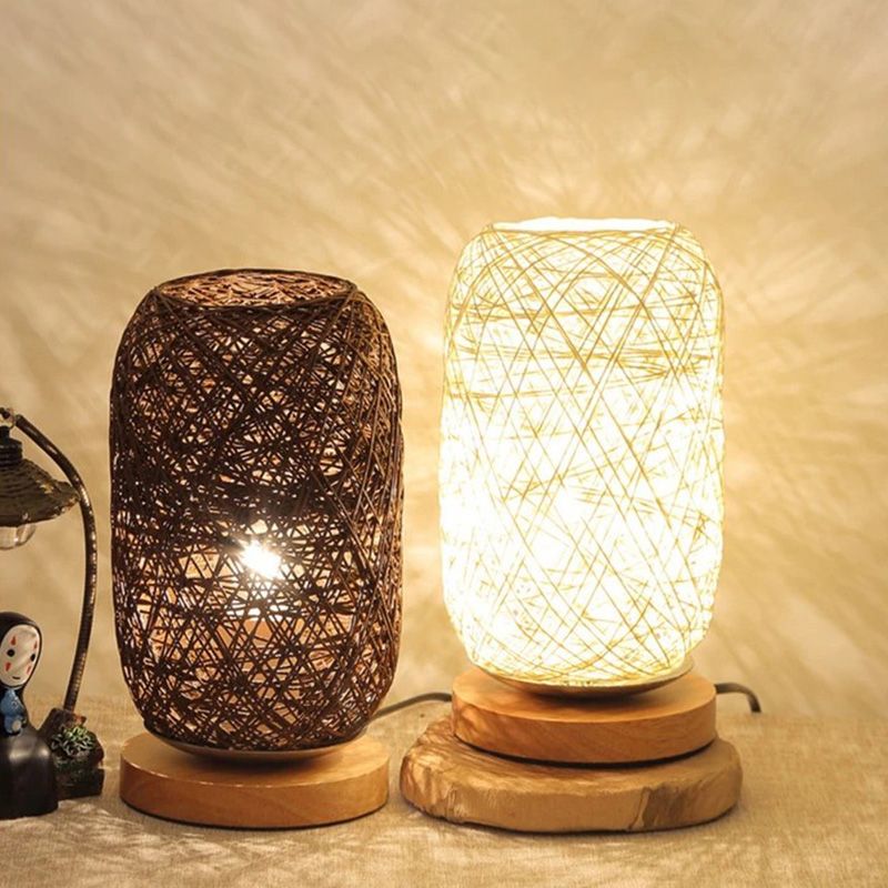 Bamboo Rattan Capsule Night Table Light Modern Asia 1-Light Beige/Coffee Nightstand Lamp