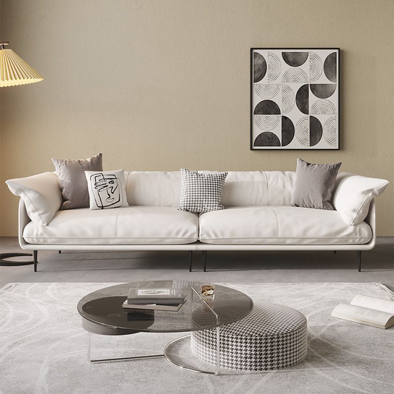 Modern 34.64" H White Genuine Leather Pillow Top Arm Sofa For Living Room
