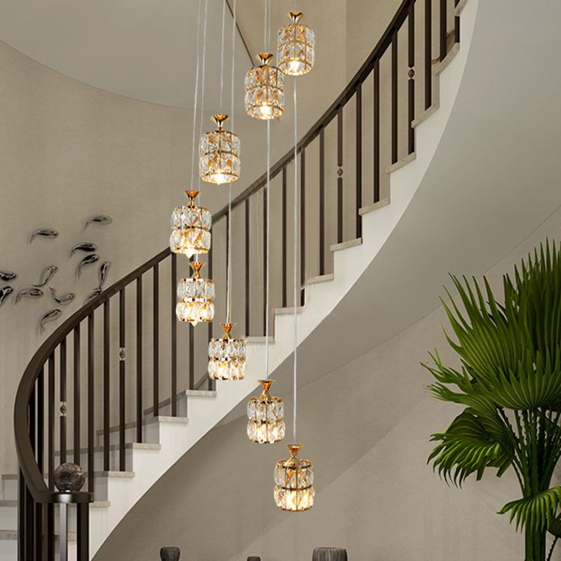 Contemporary 8-Light Cluster Light Pendant with Crystal Block Encrusted Shade Gold Cylindrical Pendulum Lamp