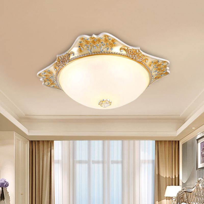 Yellow LED Flushmount Lamp Korea-Country Frosted Glass Domed Ceiling Mounted Fixture, 12"/16" Wide