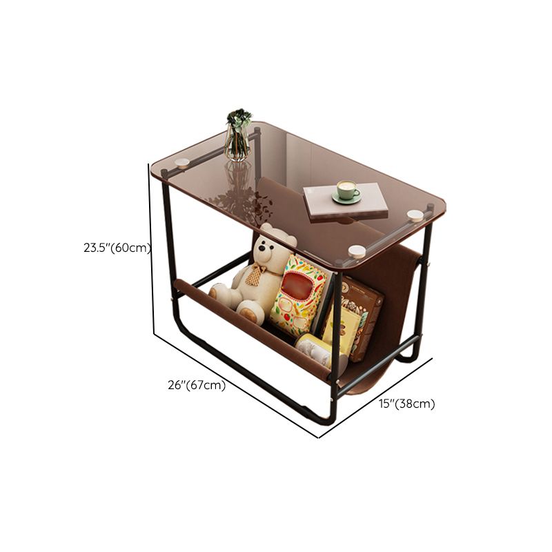 Contemporary Brown Glass Top Side Table Steel Sled Base End Table