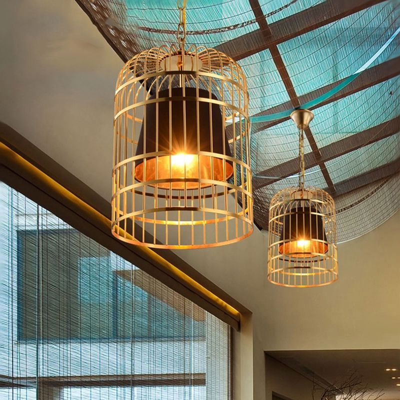 Black/White Bird Cage Ceiling Light Minimalistic Metal 1 Light Dining Room Pendant with Inner Cone Shade, 12"/16"/19.5" Wide