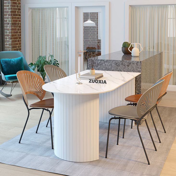 Free Form Sintered Stone Table White Tone Simplicity Double Pedestal Table for Dining Room