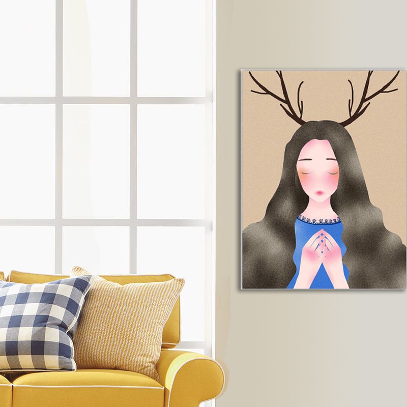 Fantasy Deer Girl Canvas Wall Art Cartoon Textured Surface Wall Decor for Dining Room