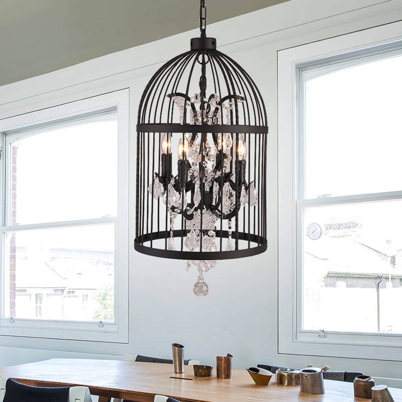 4 Lights Birdcage Chandelier Lighting Rustic Black Metal Pendant Light Fixture for Dining Room