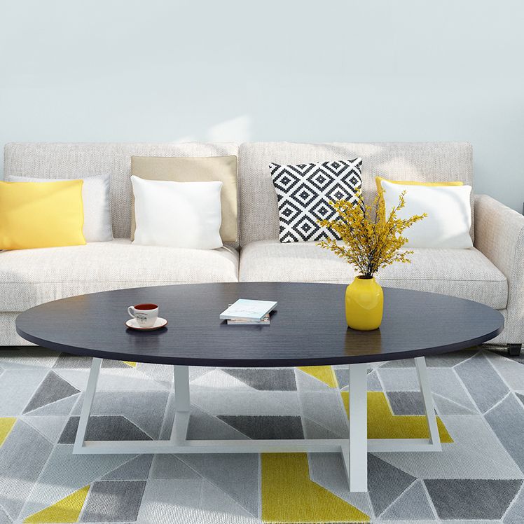 Metal Cross Legs Cocktail Table Wooden Oval Top Coffee Table
