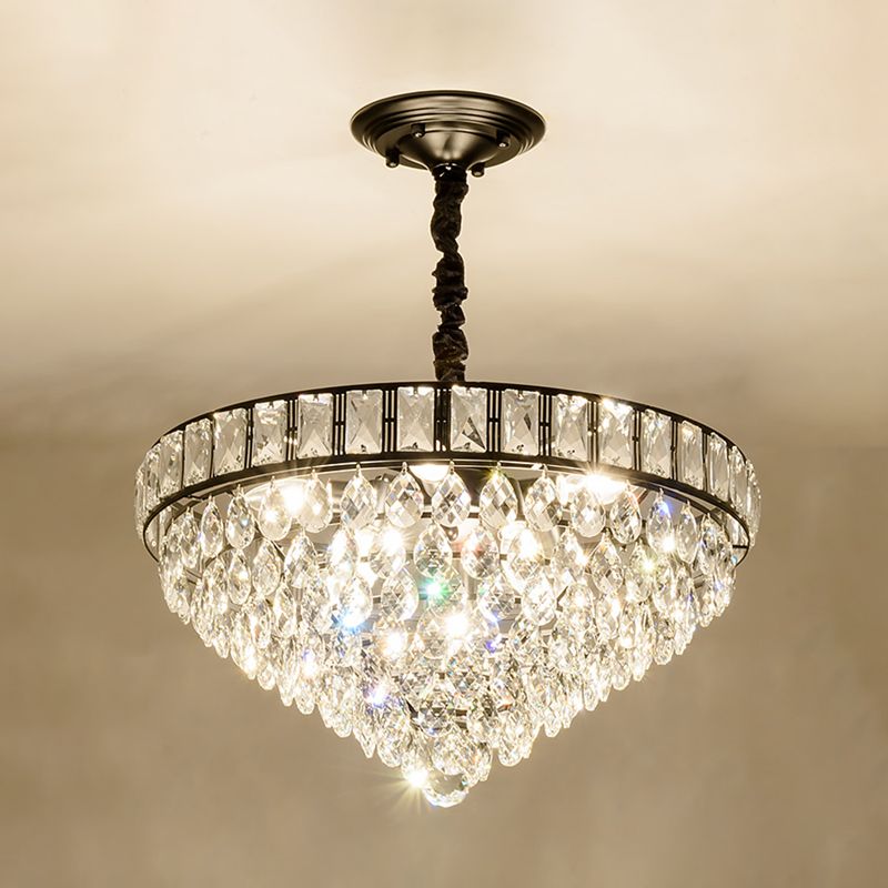 6 Köpfe verjüngter Anhänger Leuchte Fixture Einfacher Stil Schwarzes Tränenkristallkronleuchter Licht