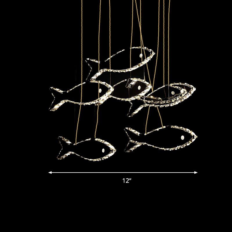 Crystal Fish Ceiling Chandelier Contemporary LED Chrome Hanging Light Fixture in White/Warm Light