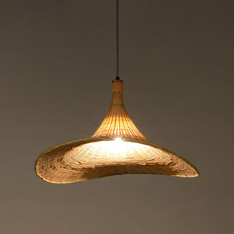 1 Bulb Living Room Pendant Lamp Asia Flaxen Hanging Light Fixture with Flare Bamboo Shade