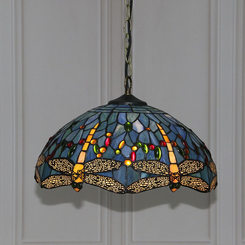 Stained Glass Domed Hanging Ceiling Light Tiffany Style Blue Pendant Lighting Fixture